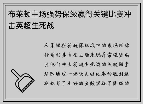 布莱顿主场强势保级赢得关键比赛冲击英超生死战