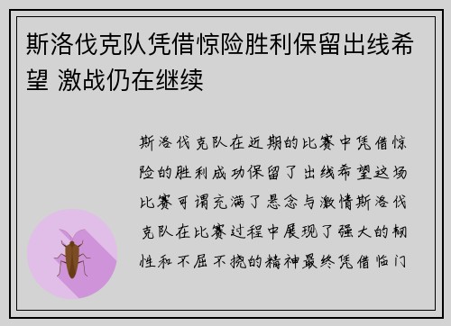 斯洛伐克队凭借惊险胜利保留出线希望 激战仍在继续